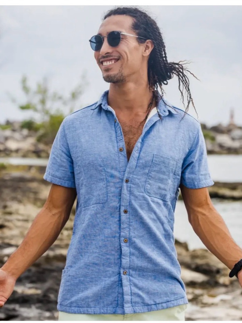 California Cowboy Men’s High Water Shirt - Chambray, Neptune Blue Size Large